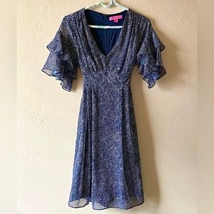 Betsey Johnson Blue & Gold Tie Back Party Church Casual Dress | Size 0